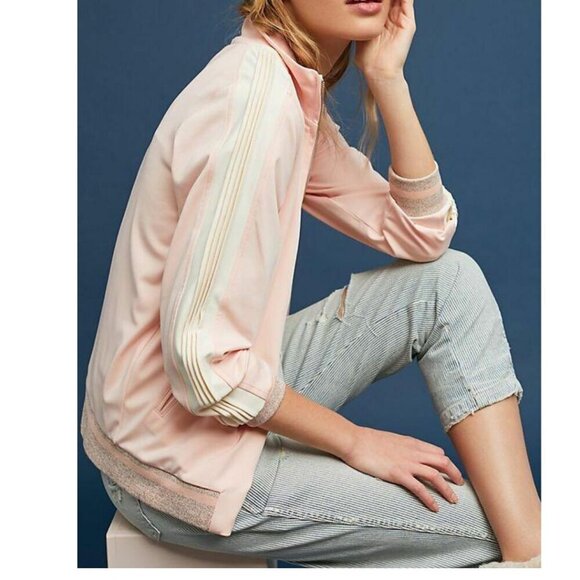 Anthropologie Bomber Track Jacket Womens Pink Full Zip Stretch Stripe Sleeve - Picture 6 of 7